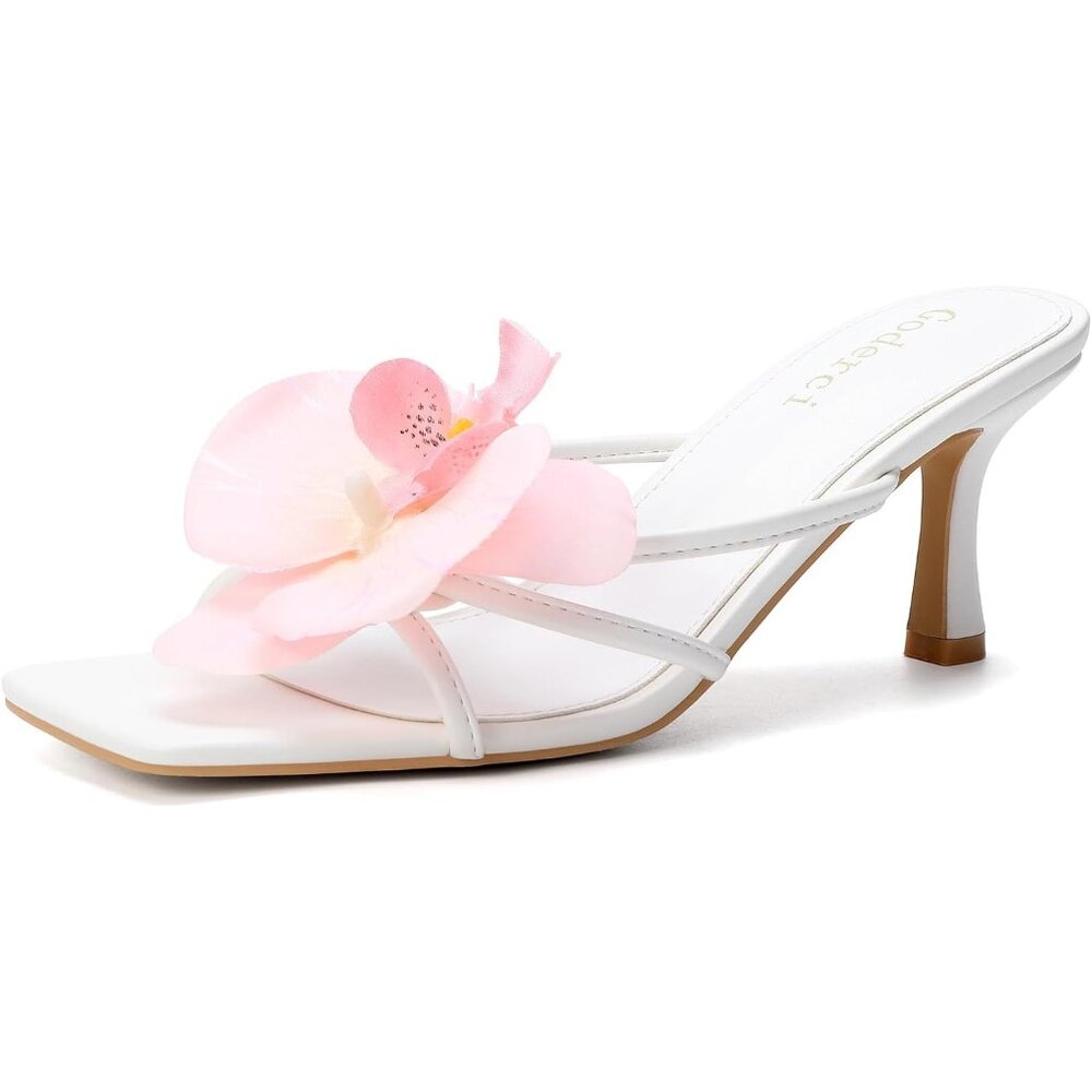 Women's Light Pink Floral Kitten Heels Square Open Toe Flower Mule Mid Heels